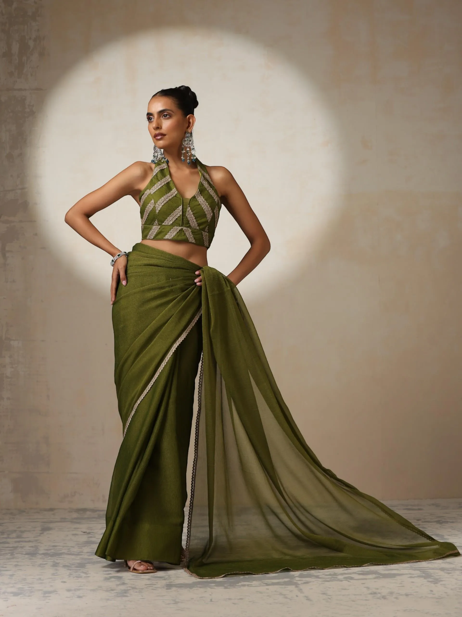 Olive Chiffon Texture Saree with Blouse Fabric and Lace