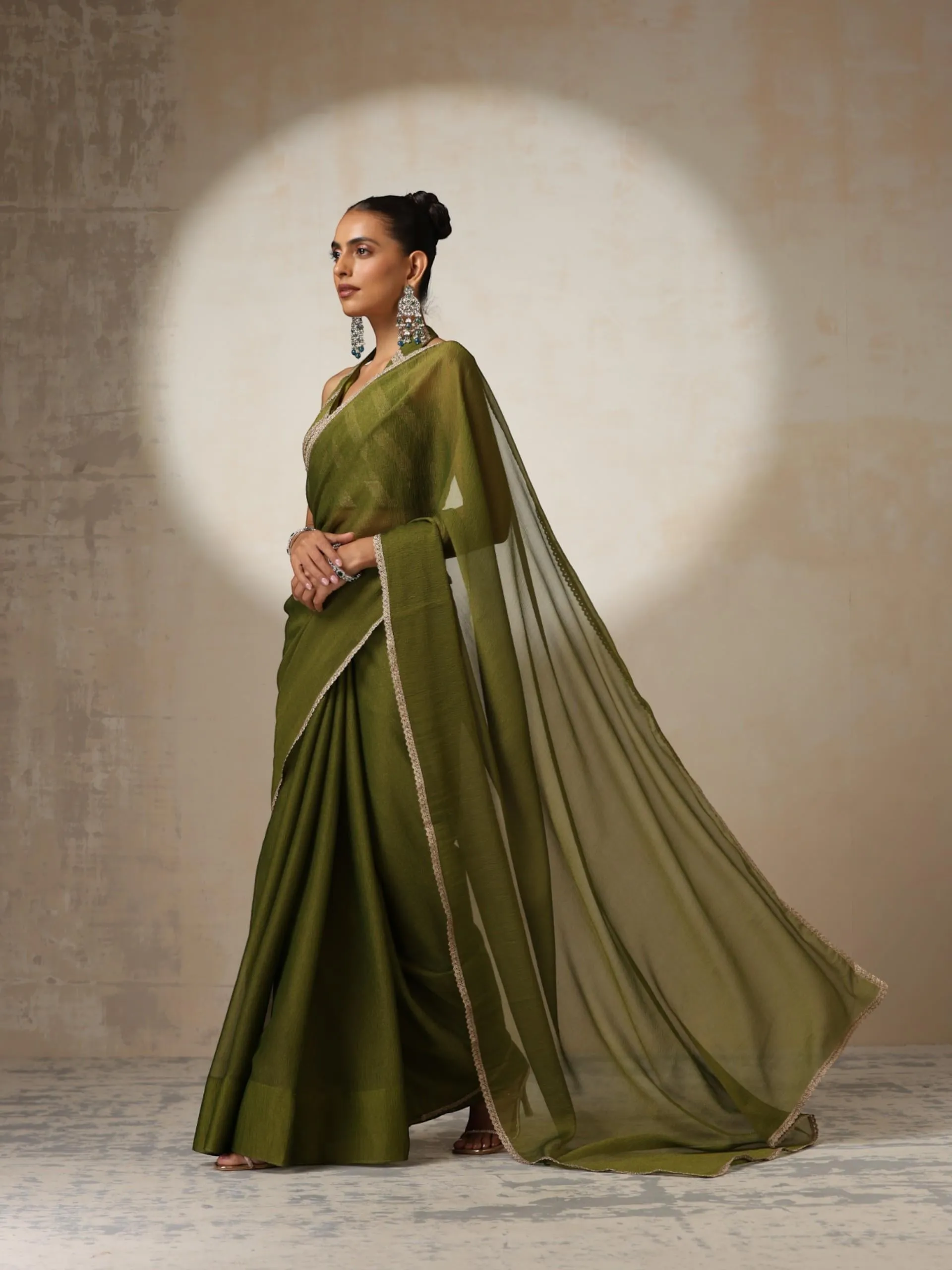 Olive Chiffon Texture Saree with Blouse Fabric and Lace