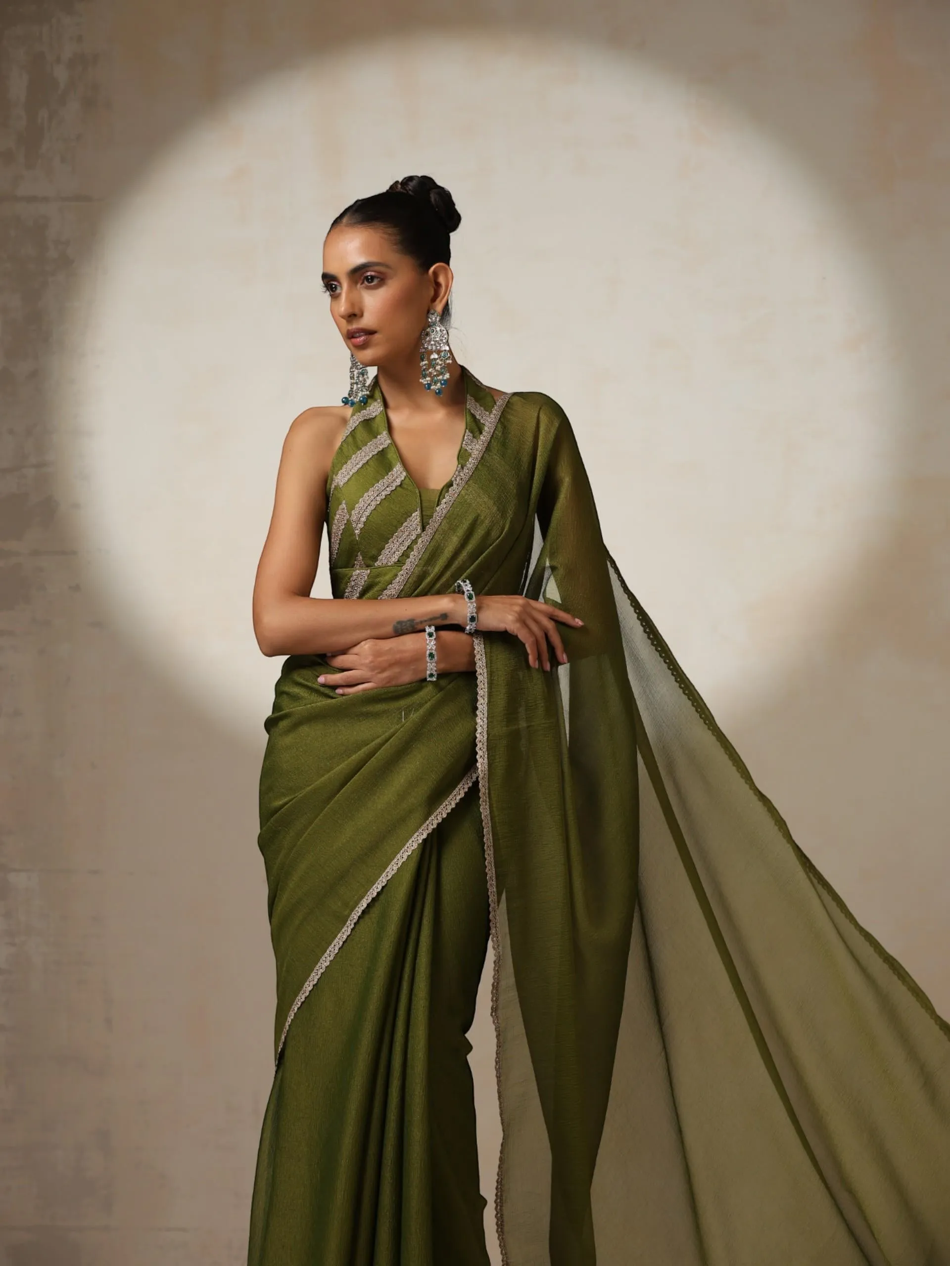 Olive Chiffon Texture Saree with Blouse Fabric and Lace