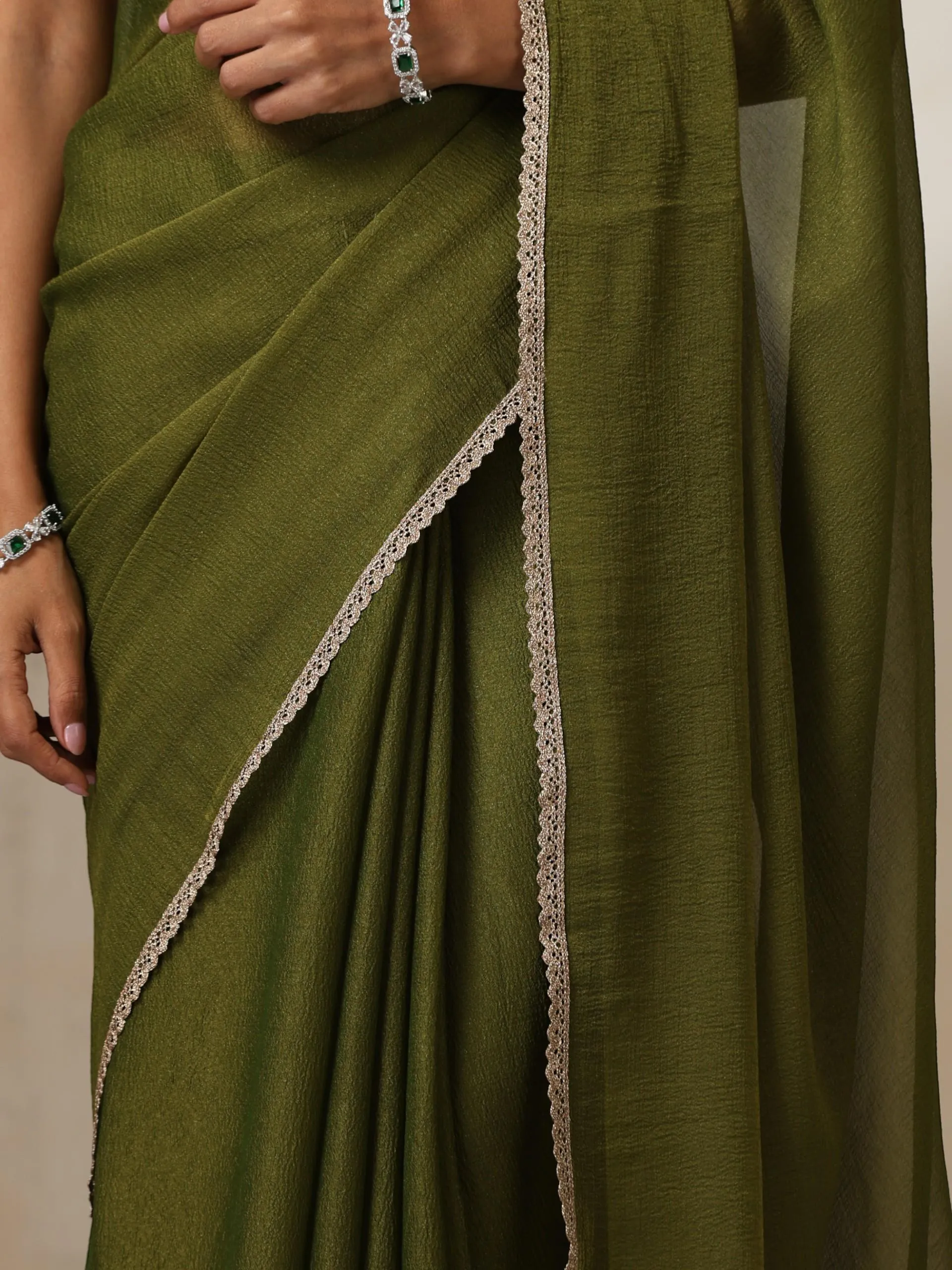 Olive Chiffon Texture Saree with Blouse Fabric and Lace