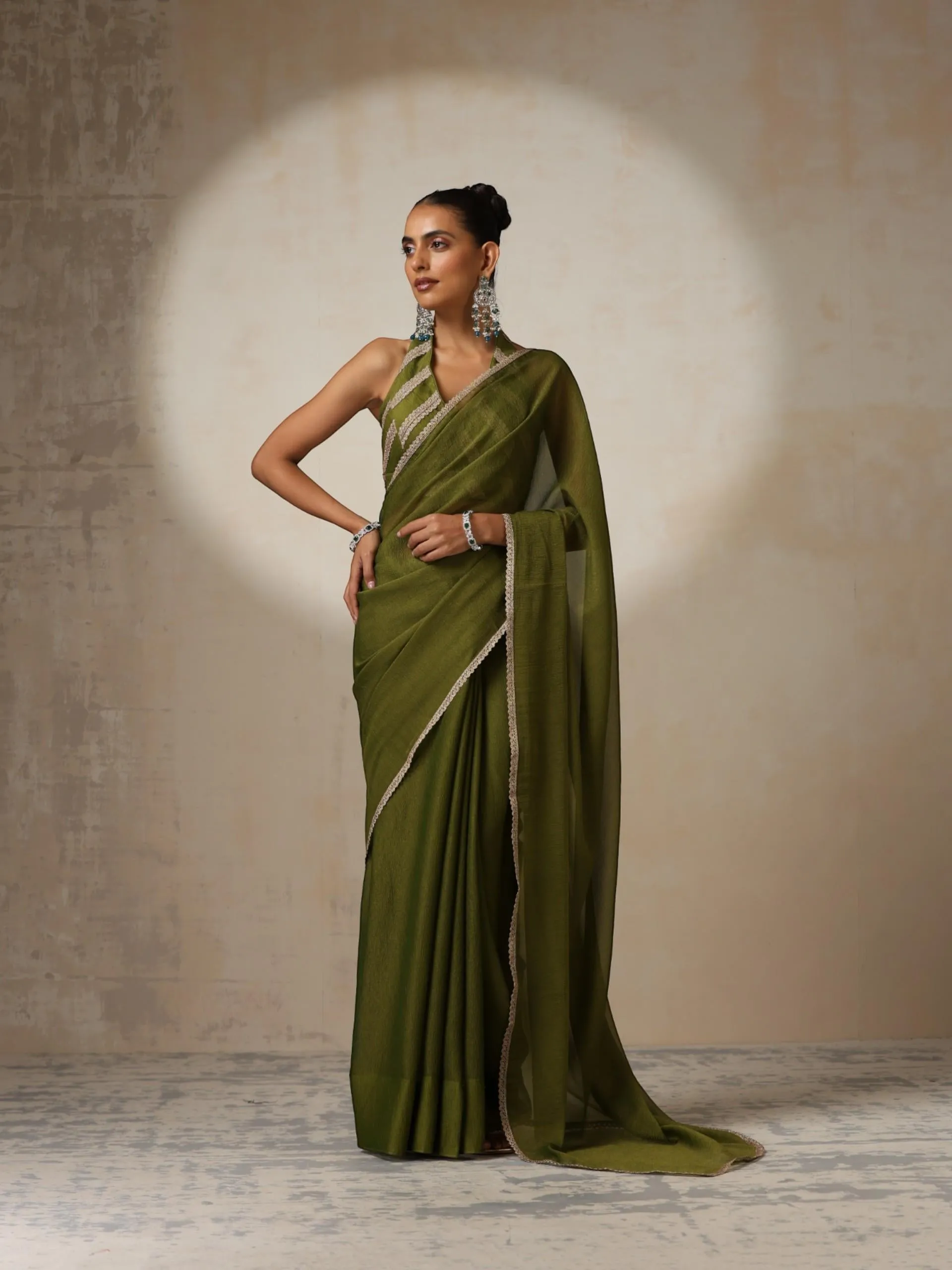 Olive Chiffon Texture Saree with Blouse Fabric and Lace