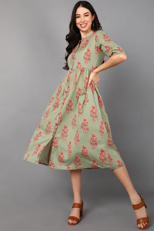 Olive Cotton Ethnic Motifs Midi Dress