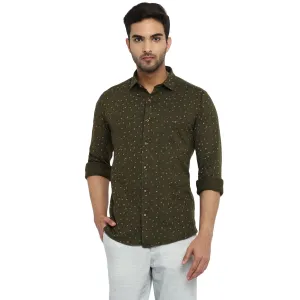 Olive Cotton Printed Slim Fit Shirt