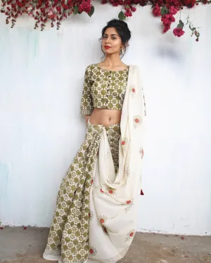 Olive Garden Handblockprinted Cotton Saree