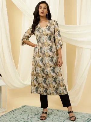 Olive Green Abstract Print Pleated Straight Kurta