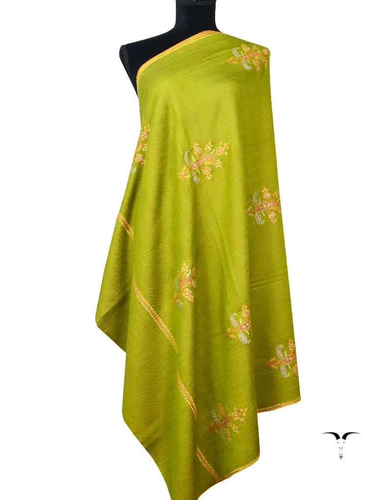 Olive Green & Mustard Reversible Pashmina Shawl With Sozni Work 5577