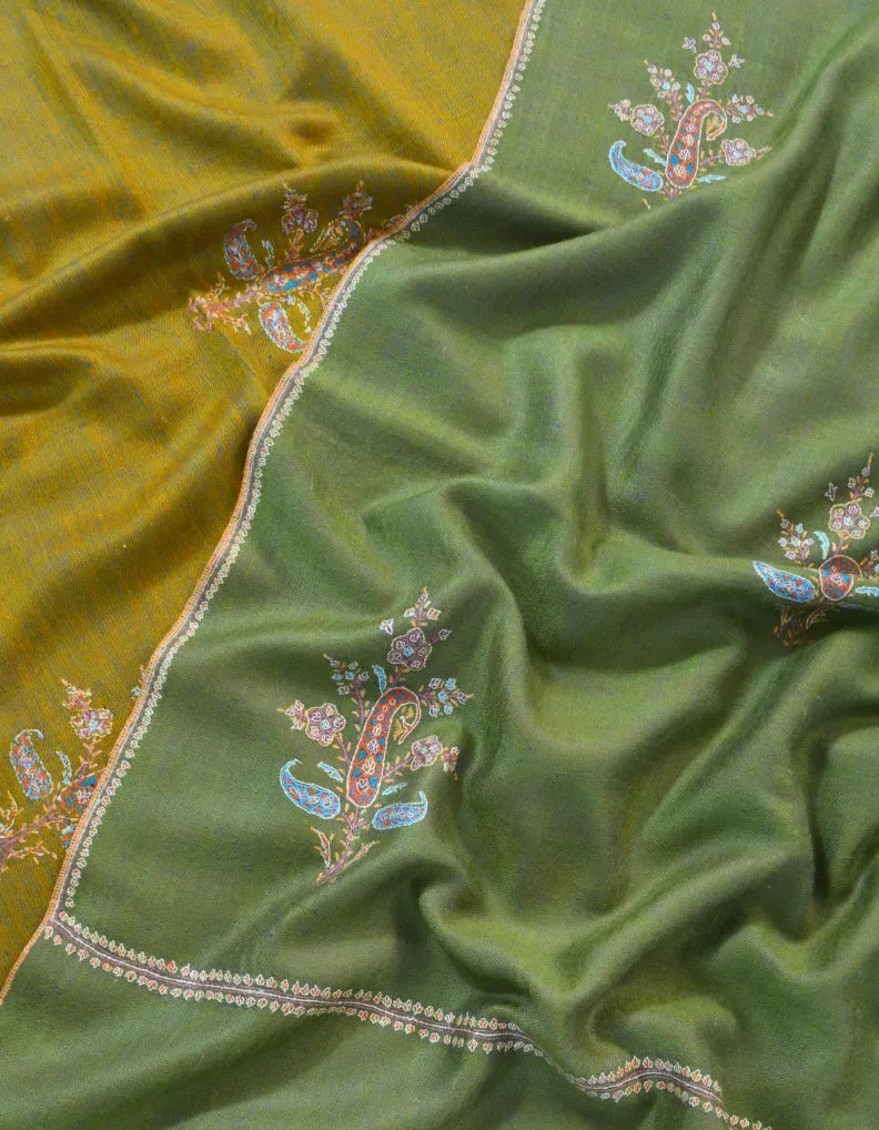 Olive Green & Mustard Reversible Pashmina Shawl With Sozni Work 5577