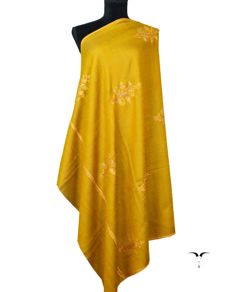 Olive Green & Mustard Reversible Pashmina Shawl With Sozni Work 5577