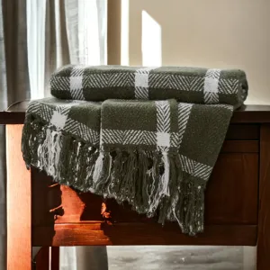 Olive Green Check Tasselled Throw 120 x 150cm