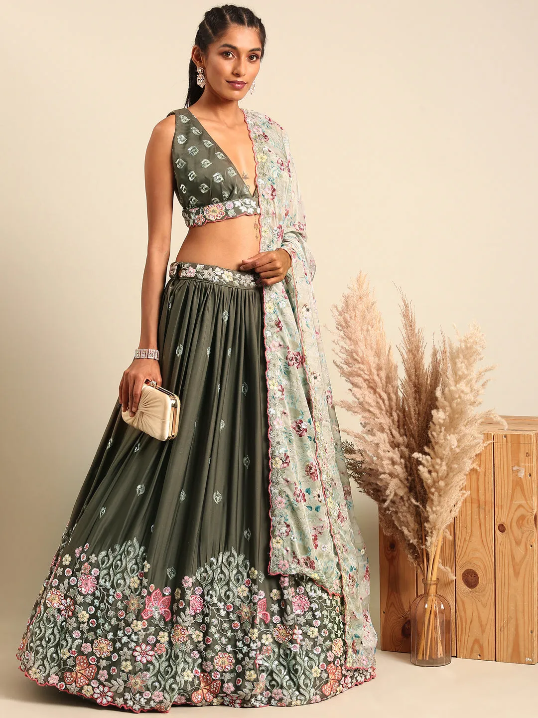 Olive Green Chinon Lehenga Choli Set with Sequin Embroidery & Organza Dupatta