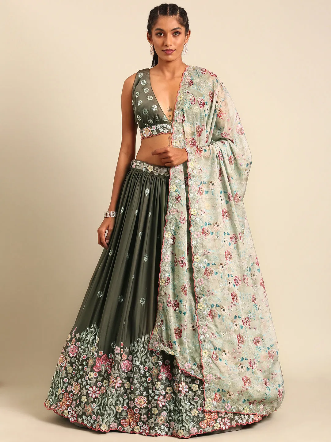 Olive Green Chinon Lehenga Choli Set with Sequin Embroidery & Organza Dupatta