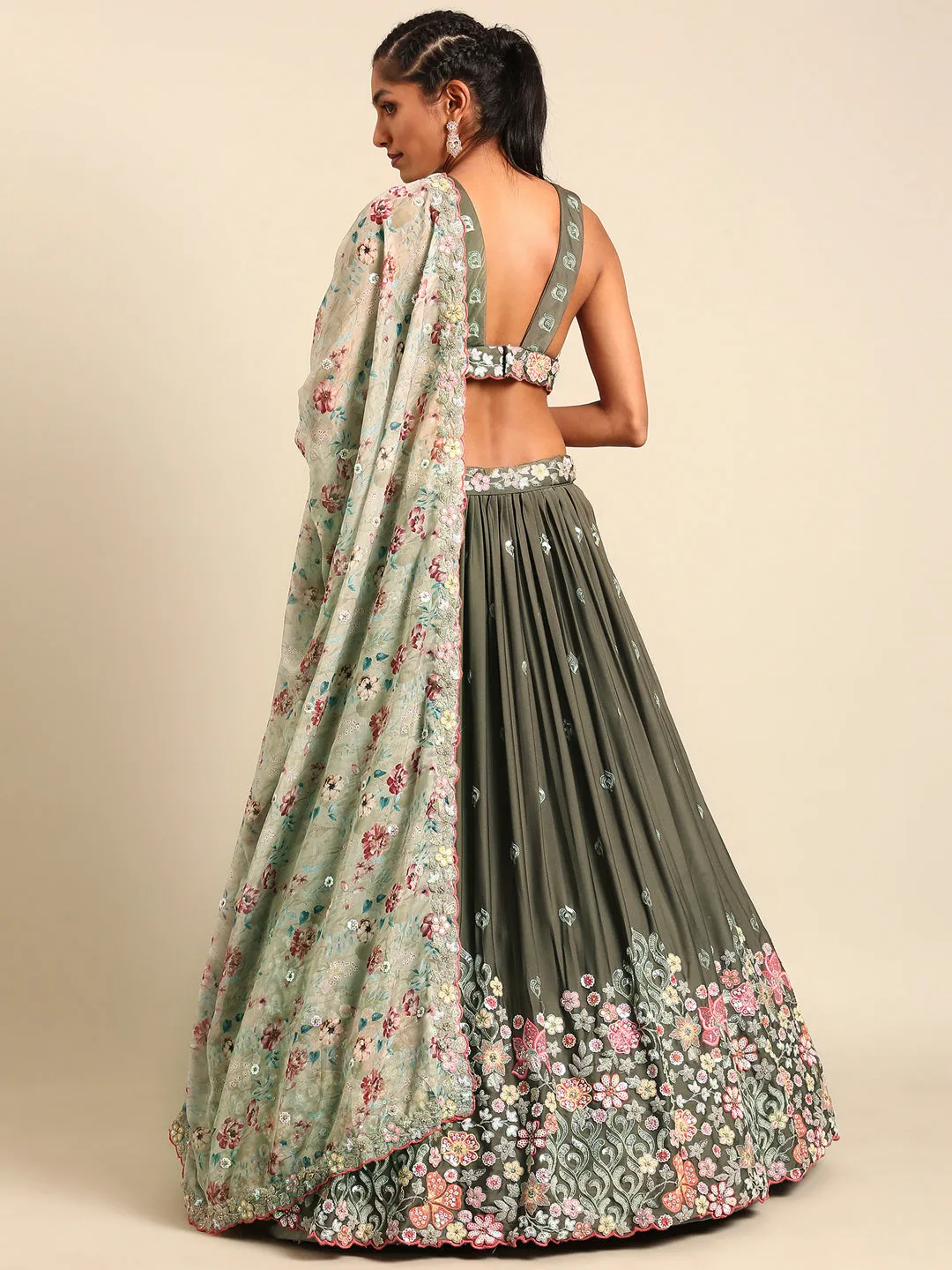 Olive Green Chinon Lehenga Choli Set with Sequin Embroidery & Organza Dupatta