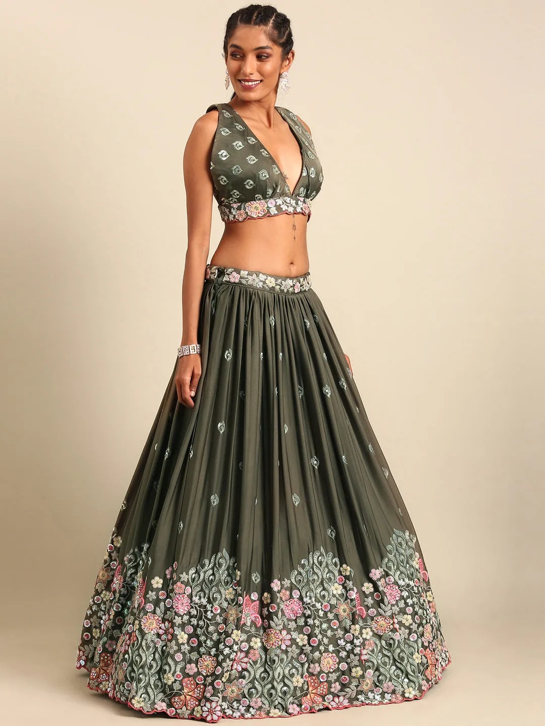 Olive Green Chinon Lehenga Choli Set with Sequin Embroidery & Organza Dupatta