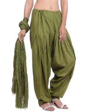 Olive Green Cotton Patiala Salwar And Dupatta Set