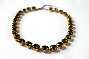 Olive Green Crystal Collet Necklace - Small Oval