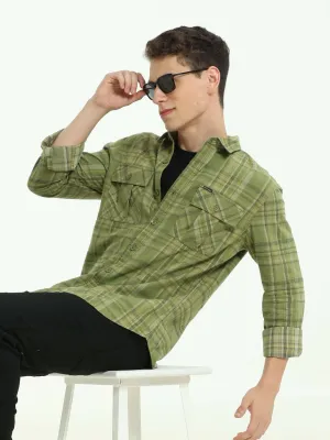 Olive Green Double Pocket Checks Shirt