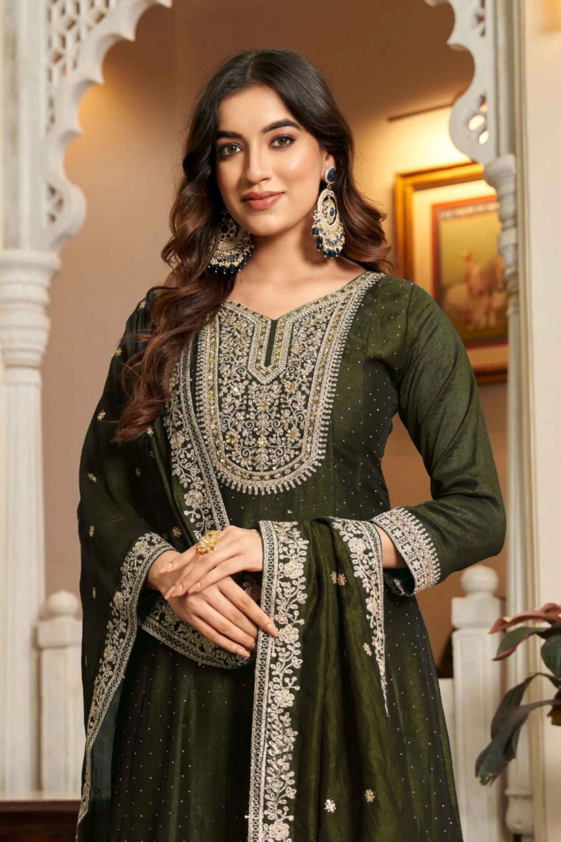 Olive Green Embellished Premium Silk Anarkali Set