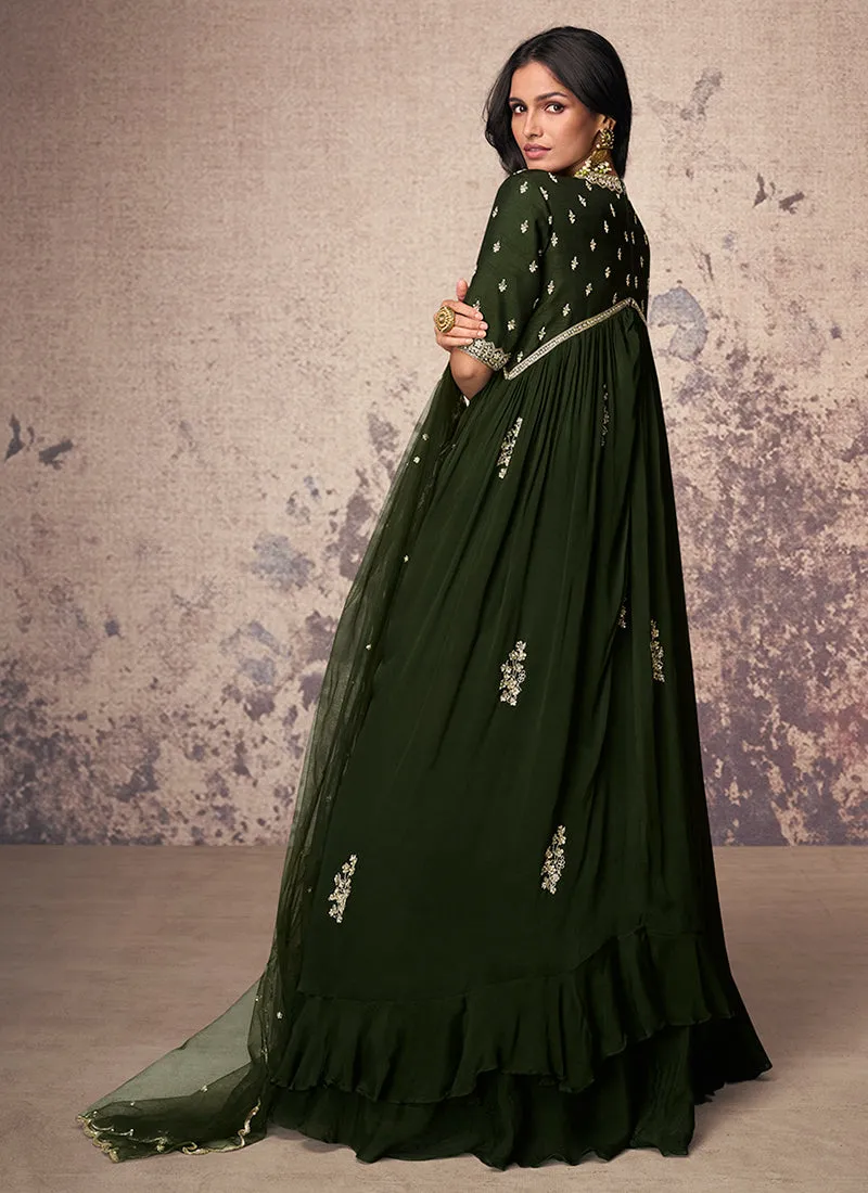 Olive Green Embroidered Chinnon Anarkali Gown