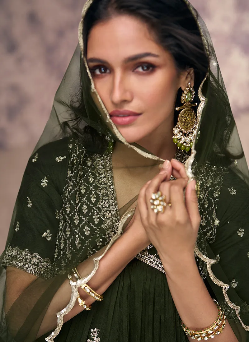 Olive Green Embroidered Chinnon Anarkali Gown