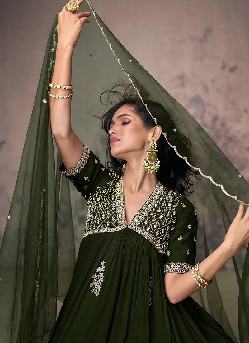 Olive Green Embroidered Chinnon Anarkali Gown