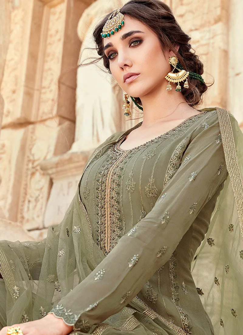 Olive Green Embroidered Pakistani Sharara Suit