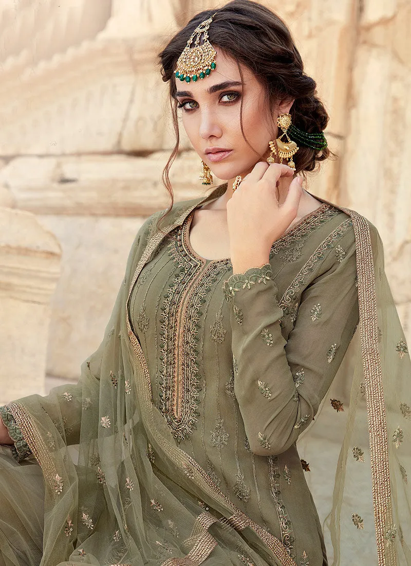 Olive Green Embroidered Pakistani Sharara Suit