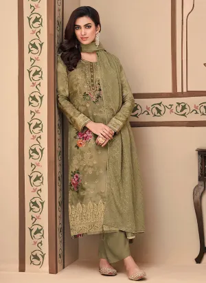 Olive Green Embroidery Printed Jacquard Silk Pant Suit