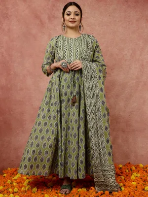 Olive Green Ethnic Printed Flared Kurta With Zig-Zag Printed Pants And Dupatta