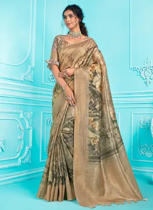 Olive Green Floral Digital Printed Organza Silk Saree