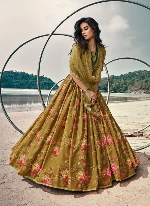 Olive Green Floral Prints And Sequence Embroidered Lehenga Choli