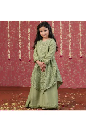 Olive Green Full Sleeves Embroidered Top And Skirt Set