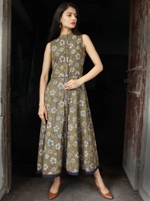 Olive Green Indigo Hand Block Printed Cotton Long Front Open Dress - D253F1355