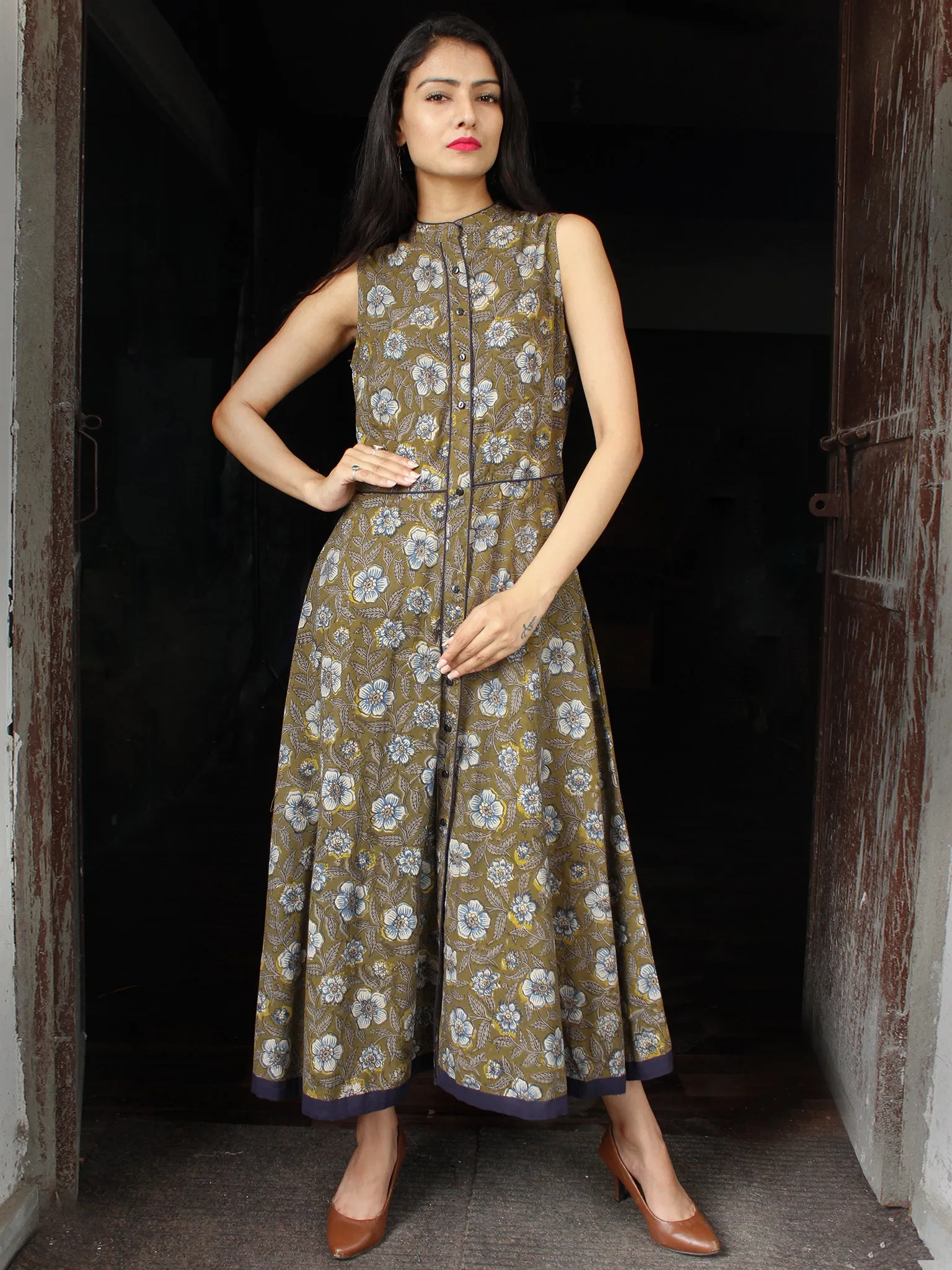 Olive Green Indigo Hand Block Printed Cotton Long Front Open Dress - D253F1355