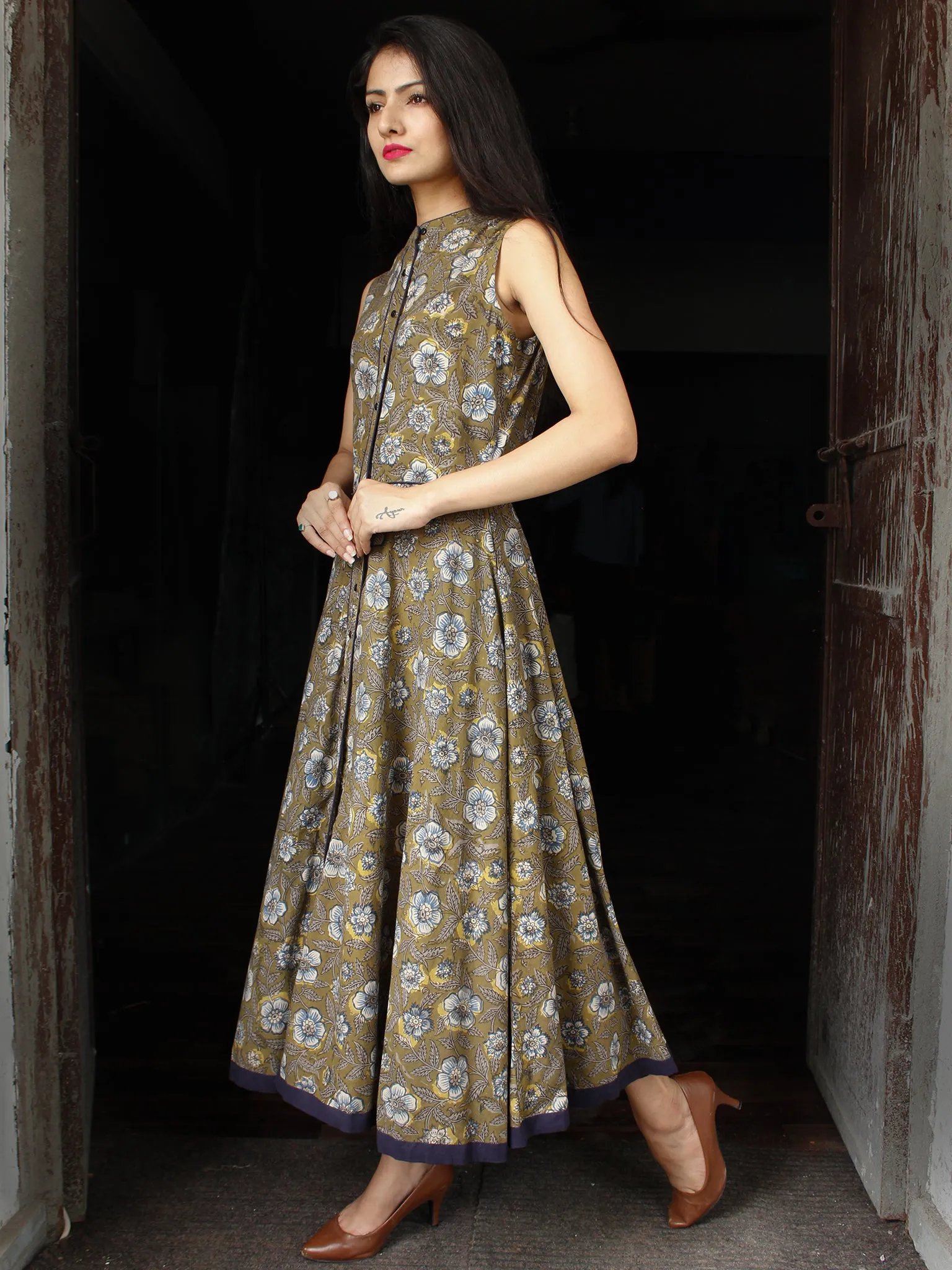 Olive Green Indigo Hand Block Printed Cotton Long Front Open Dress - D253F1355