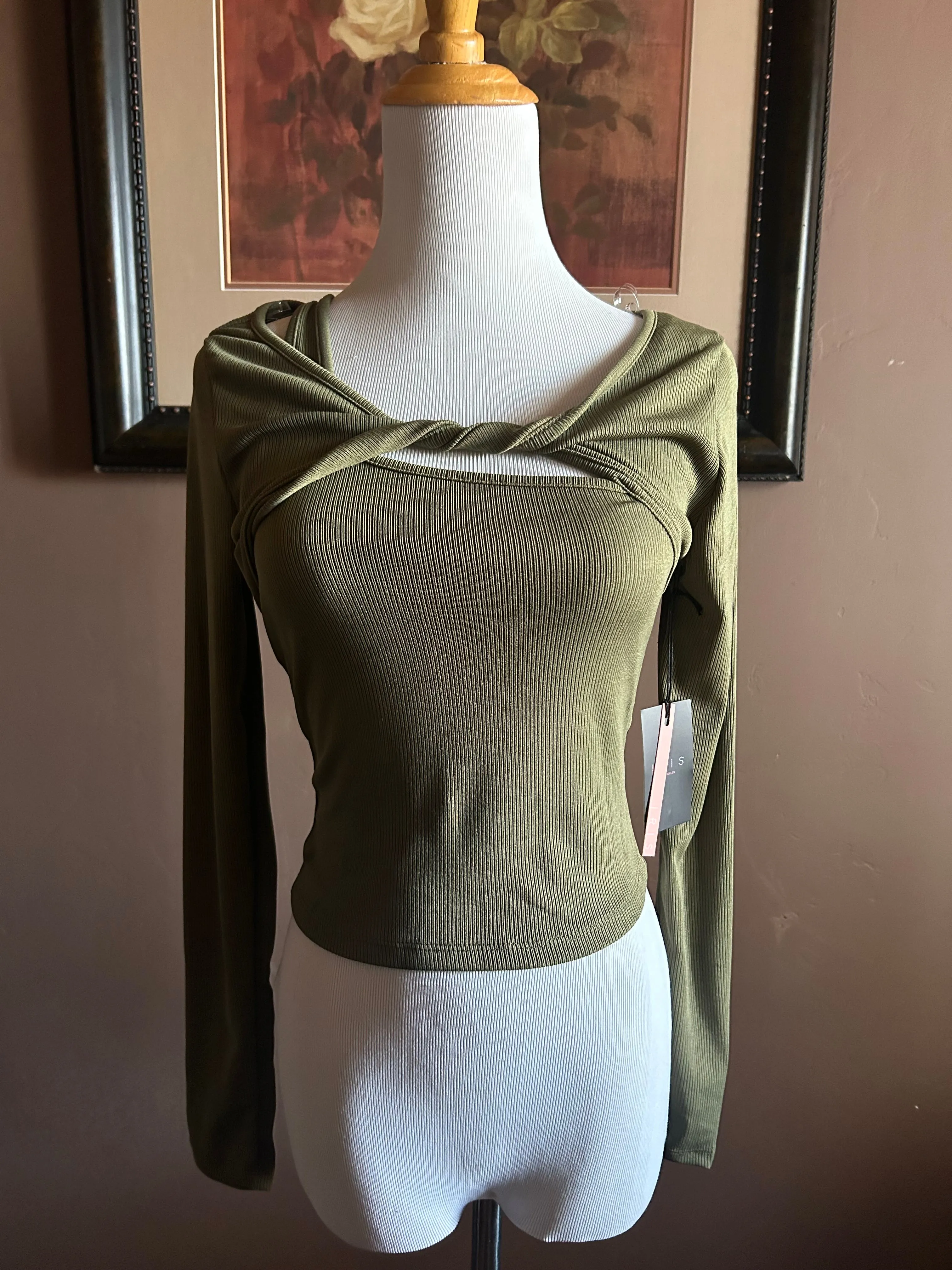 Olive Green Long Sleeve Twist Front Top