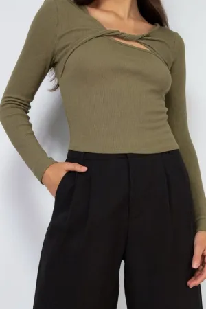 Olive Green Long Sleeve Twist Front Top