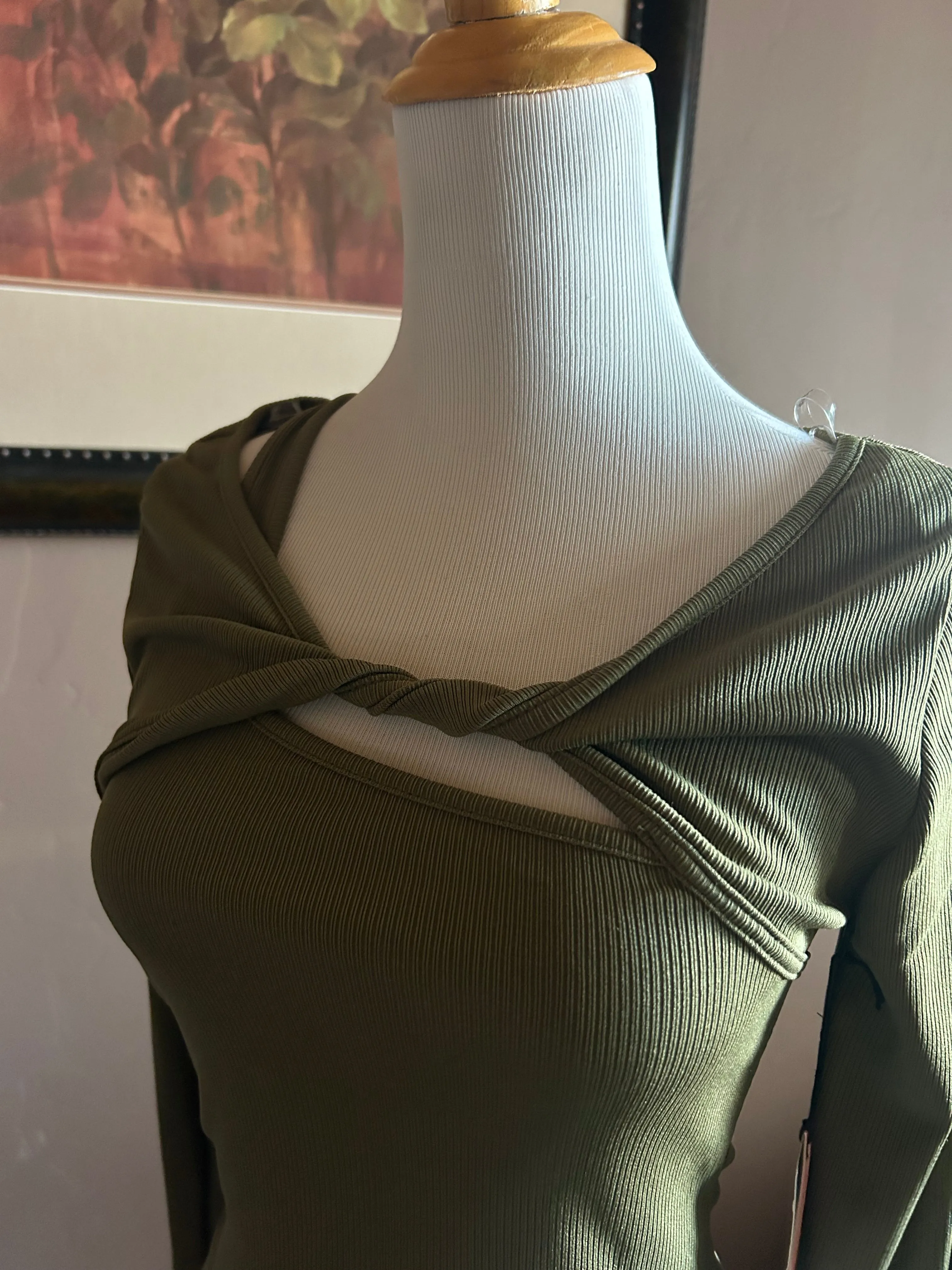 Olive Green Long Sleeve Twist Front Top