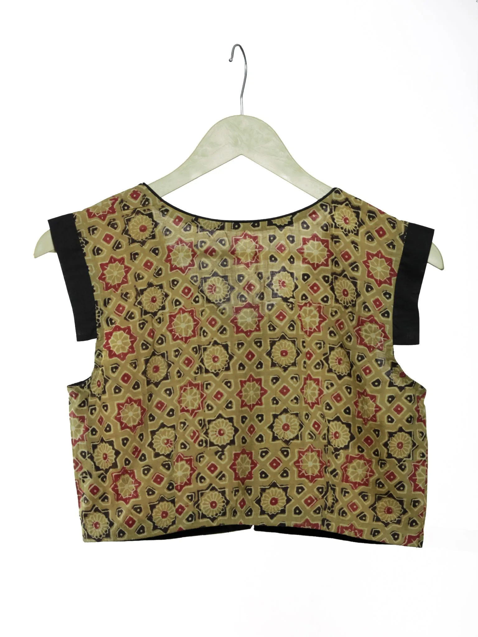 Olive Green Marron Black  Ajrakh Hand Printed Cotton Blouse With Cap Sleeves - B06F1592