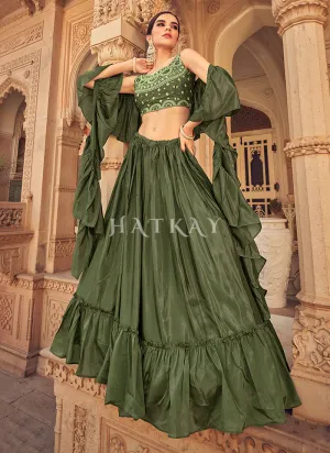 Olive Green Mirror Work Embroidered Festive Lehenga Choli