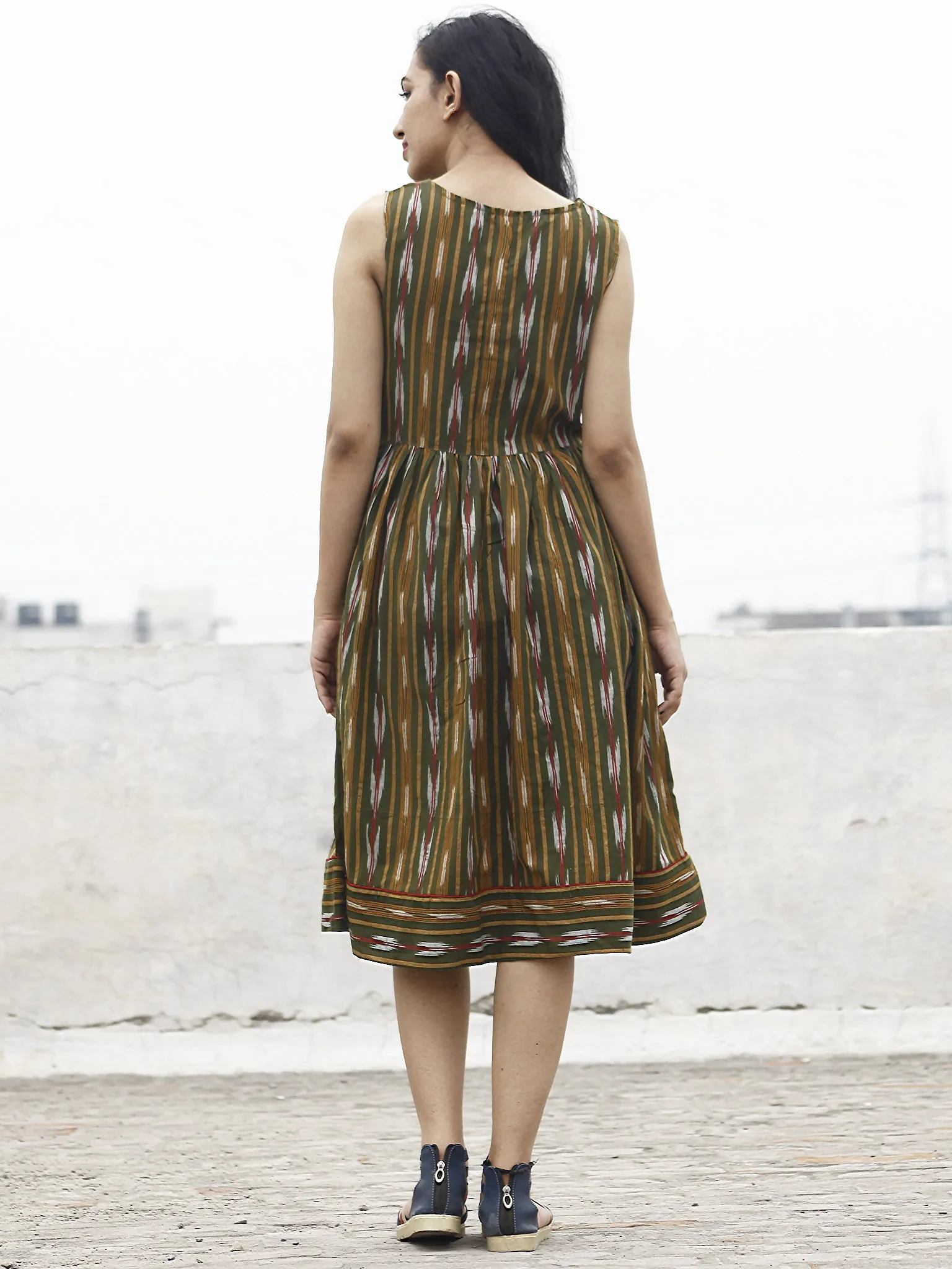 Olive Green Mustard Maroon Ivory Ikat Sleeveless Dress With Gathers & Side Pockets -  D68F742