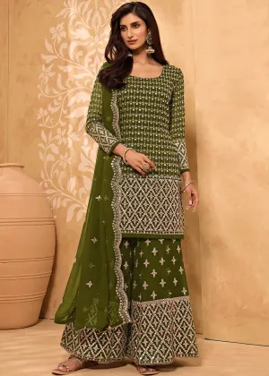 Olive Green Party Style Designer Sharara Suit