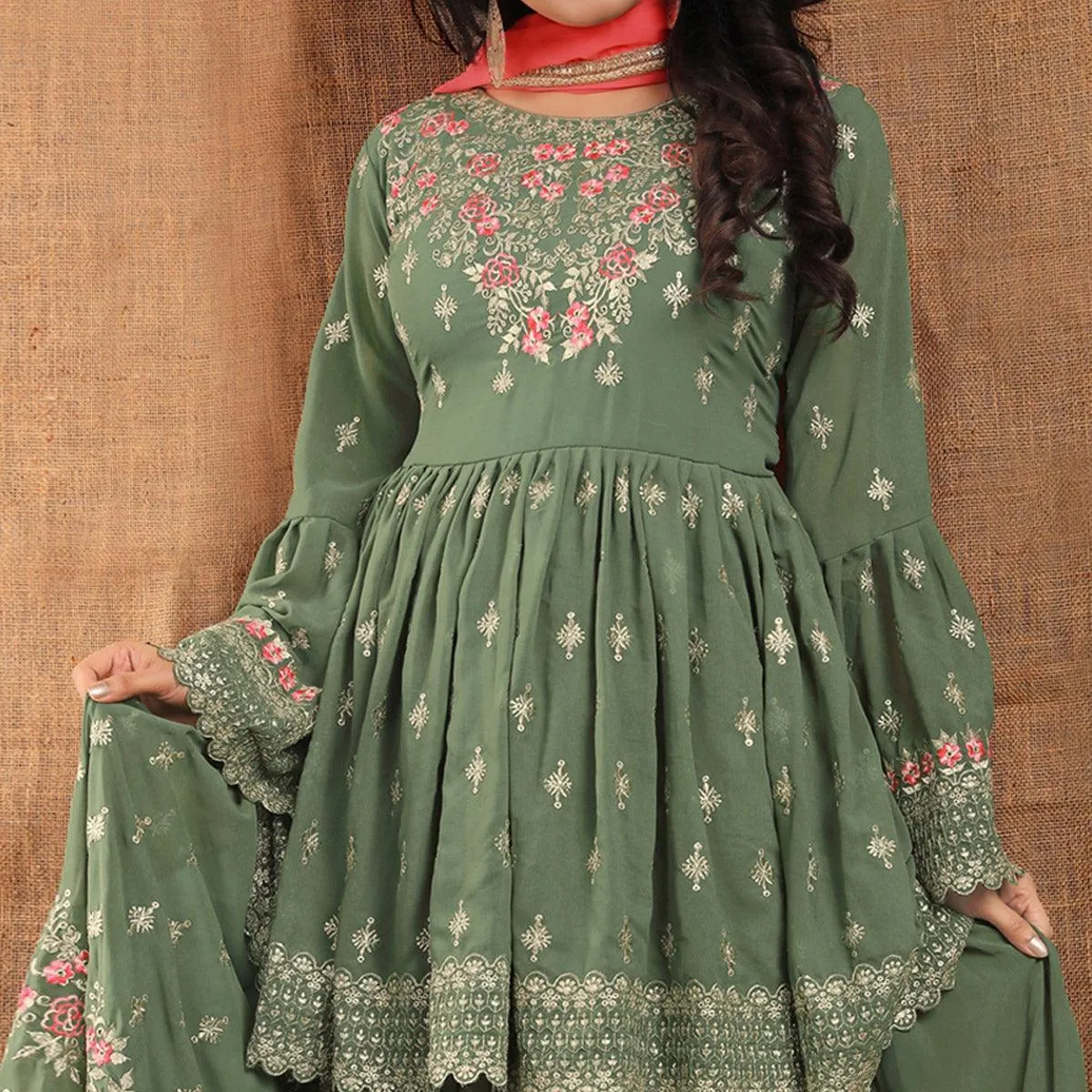 Olive Green Partywear Thread Floral Embroidered Georgette Sharara Suit