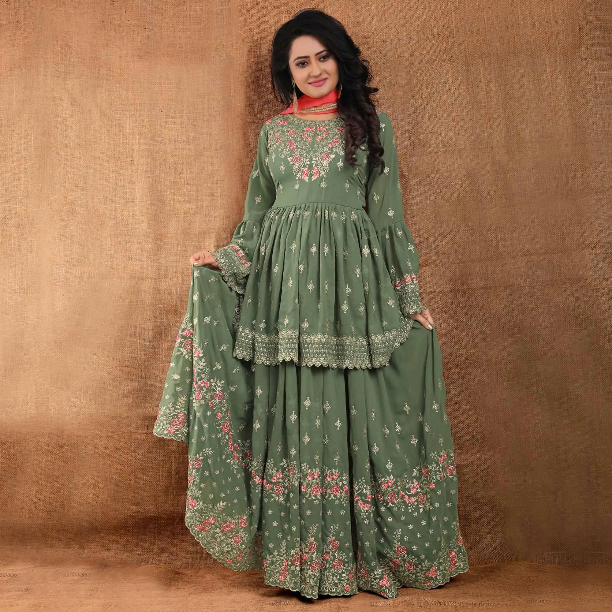 Olive Green Partywear Thread Floral Embroidered Georgette Sharara Suit