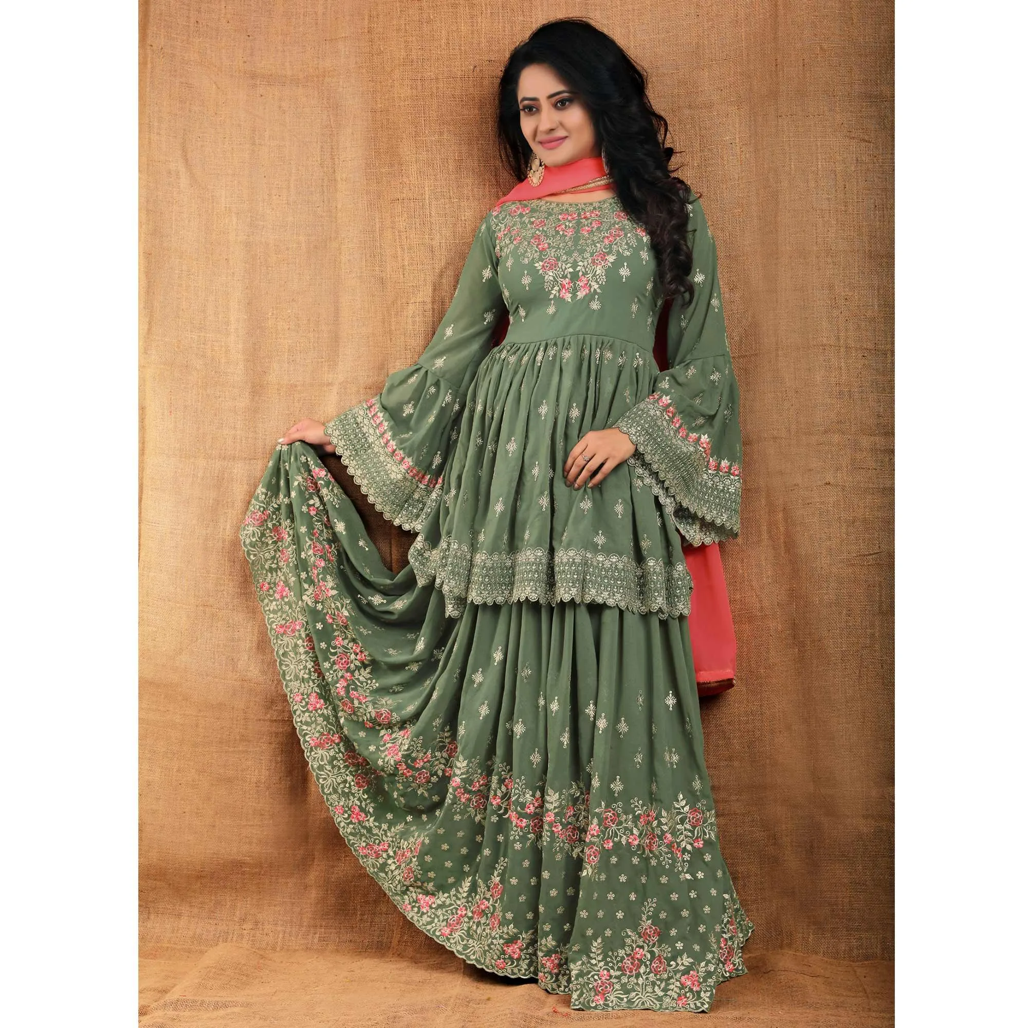 Olive Green Partywear Thread Floral Embroidered Georgette Sharara Suit