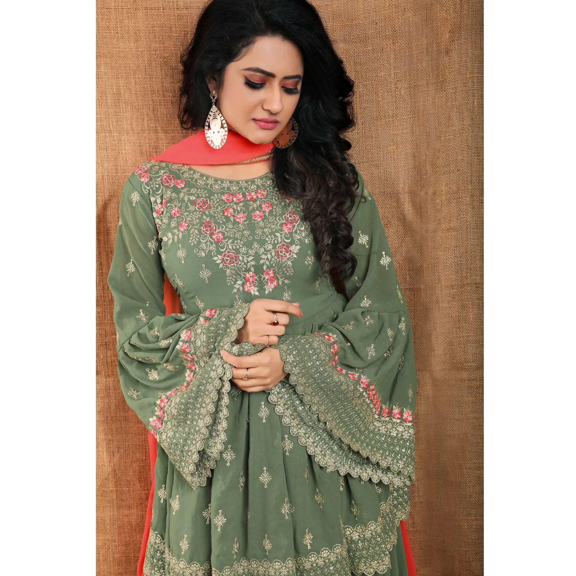 Olive Green Partywear Thread Floral Embroidered Georgette Sharara Suit