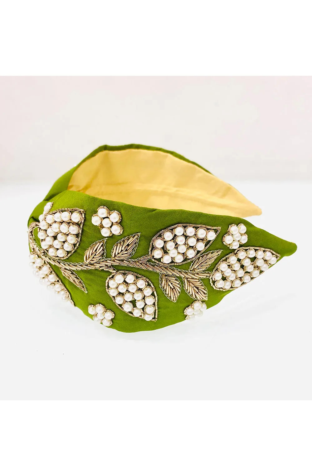 Olive Green Pearl Embroidered Pure Crepe Hairband