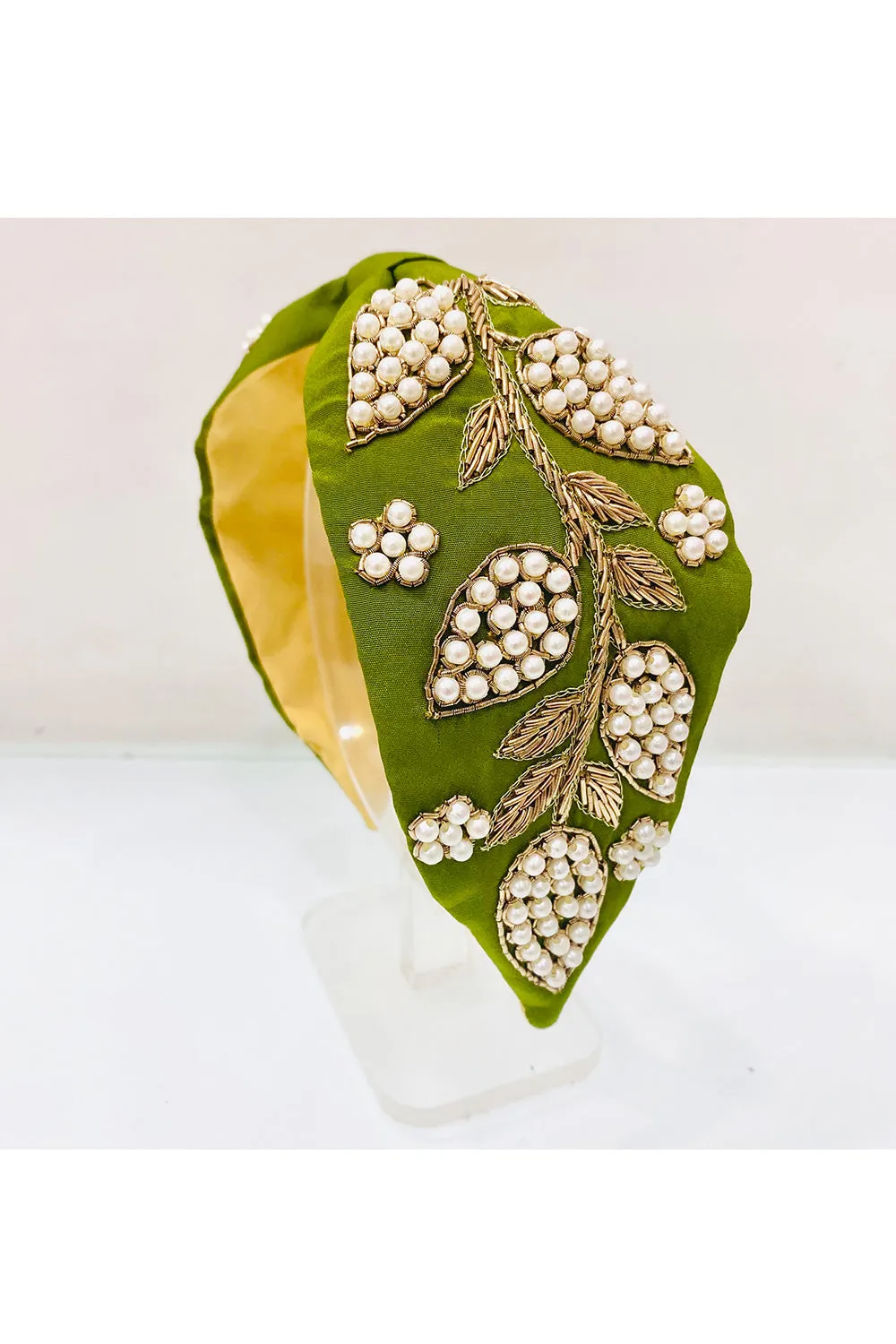 Olive Green Pearl Embroidered Pure Crepe Hairband