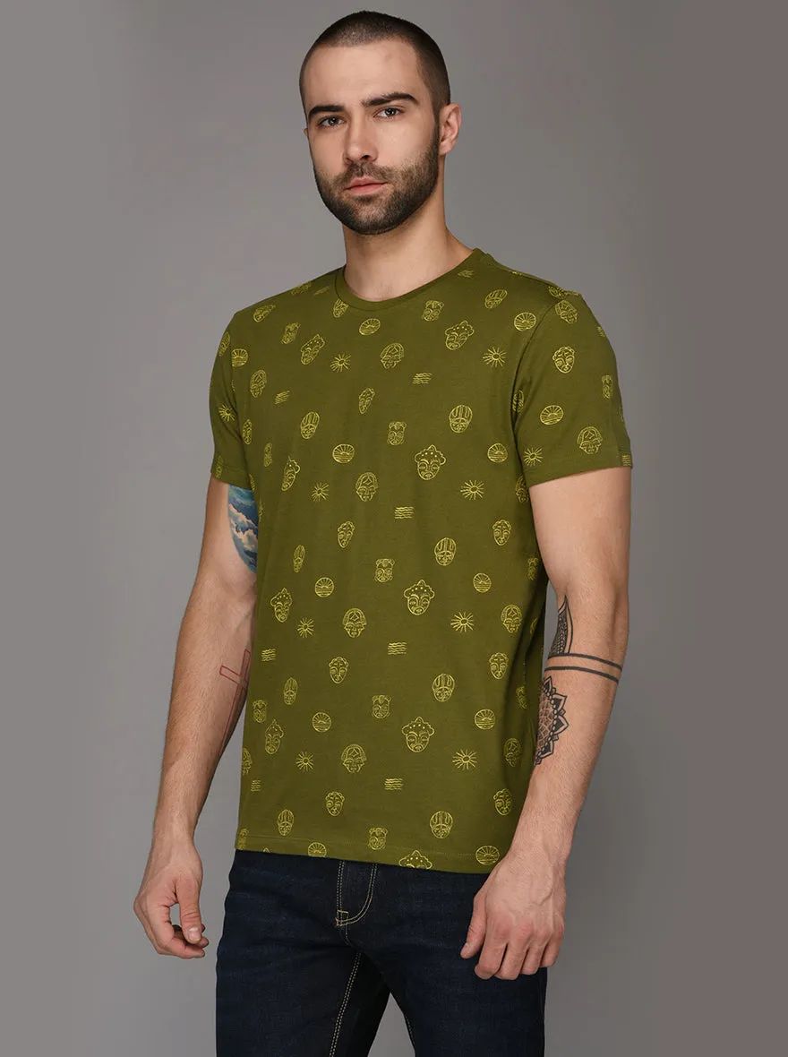 Olive Green Printed Slim Fit Round Neck T-Shirt | JadeBlue