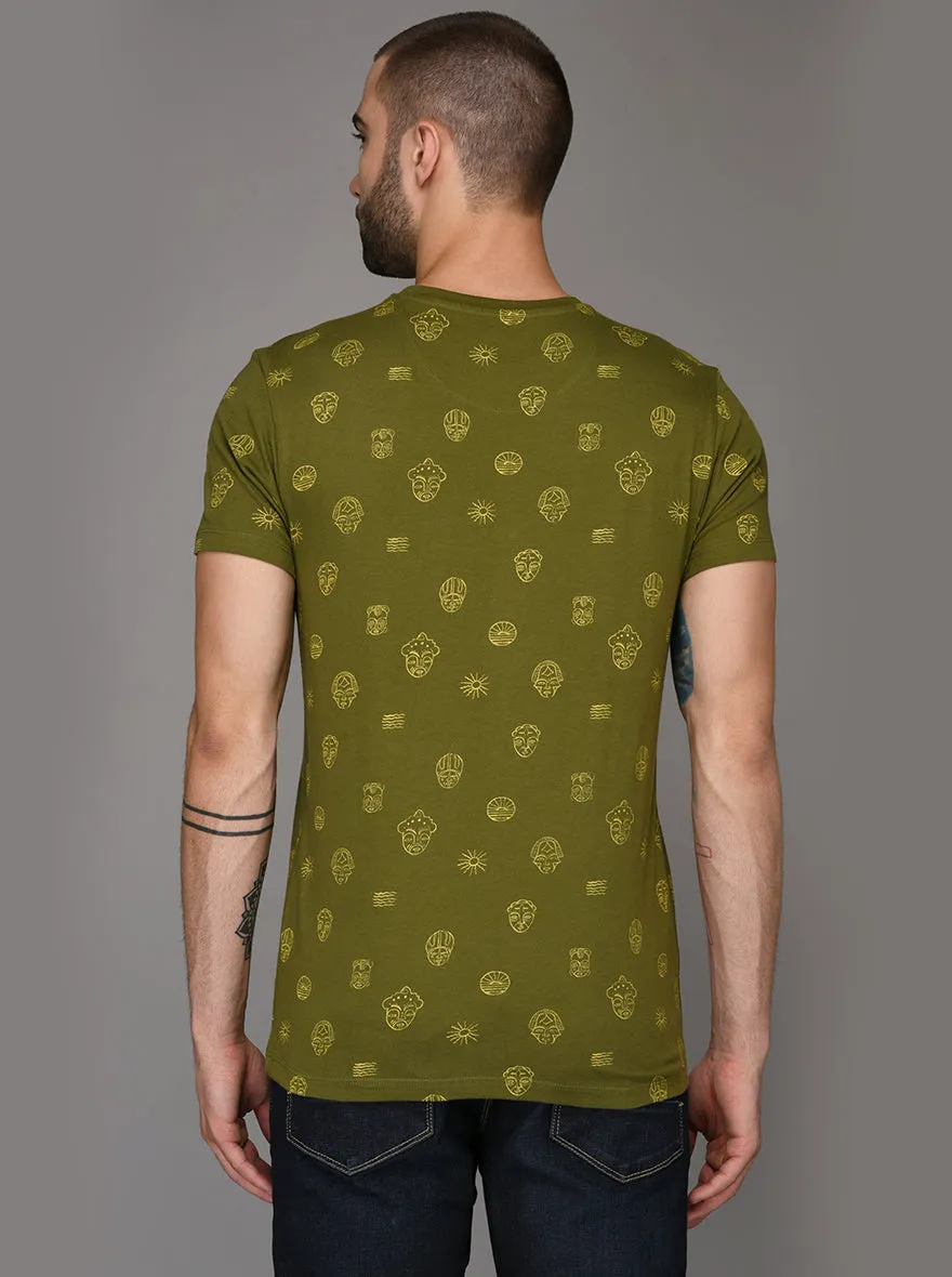 Olive Green Printed Slim Fit Round Neck T-Shirt | JadeBlue