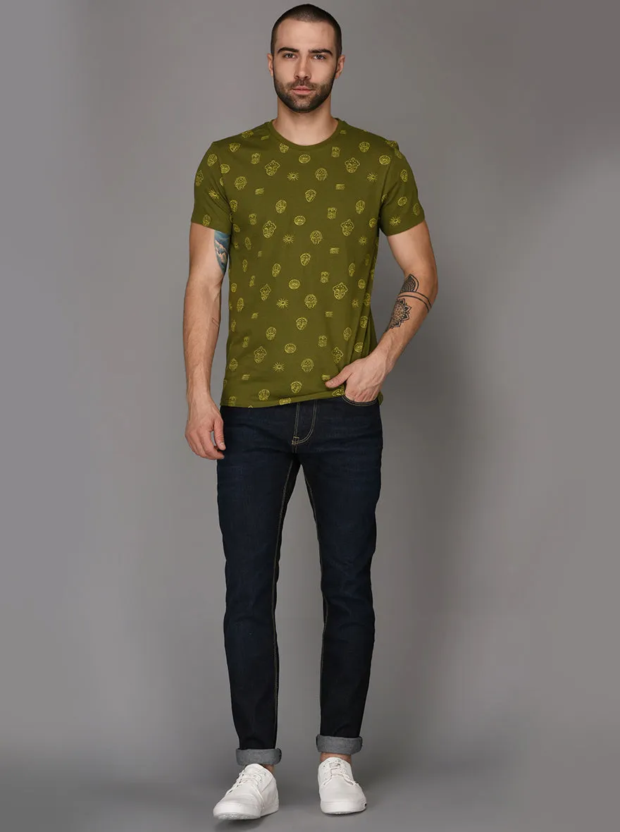 Olive Green Printed Slim Fit Round Neck T-Shirt | JadeBlue